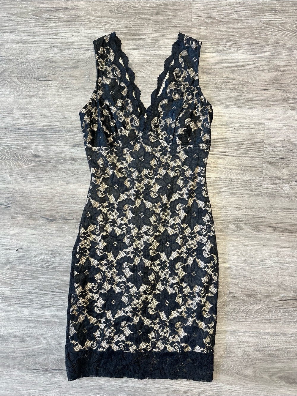 Hot Miami Styles Black Lace Mini Dress with Nude Underlay